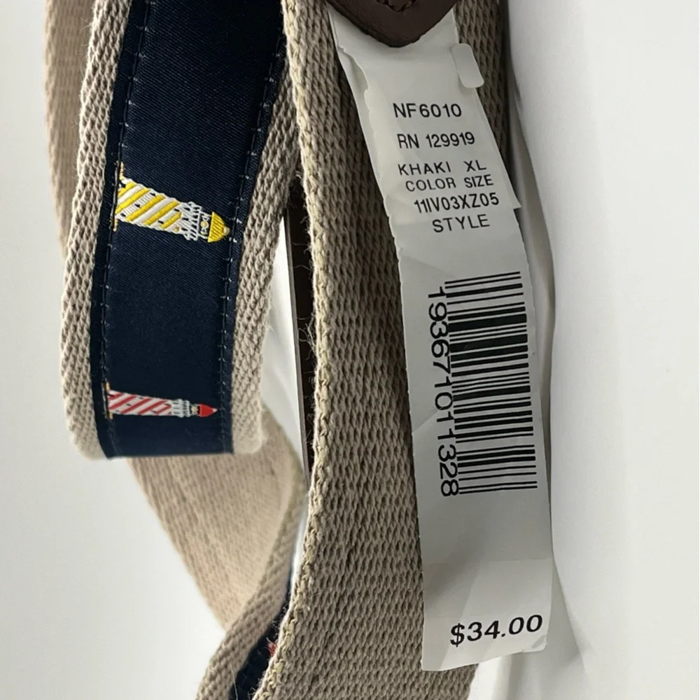 NEW Crown & Ivy JAAK‎ Khaki Canvas Belt Navy Lighthouse Embroidery XL NWT 42-44
